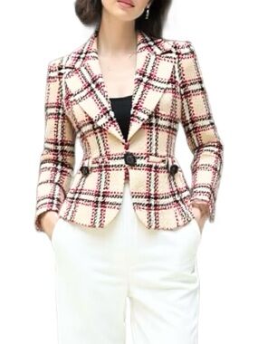 Femme De Carriere Tailored Plaid Cream Blazer with Windowpane Design Size EU 32